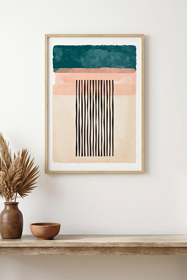 Natural Wood Framed Minimal Line Art Painting - Pastel Tones | Huhu1372 - Single Table Natural Wood Frame