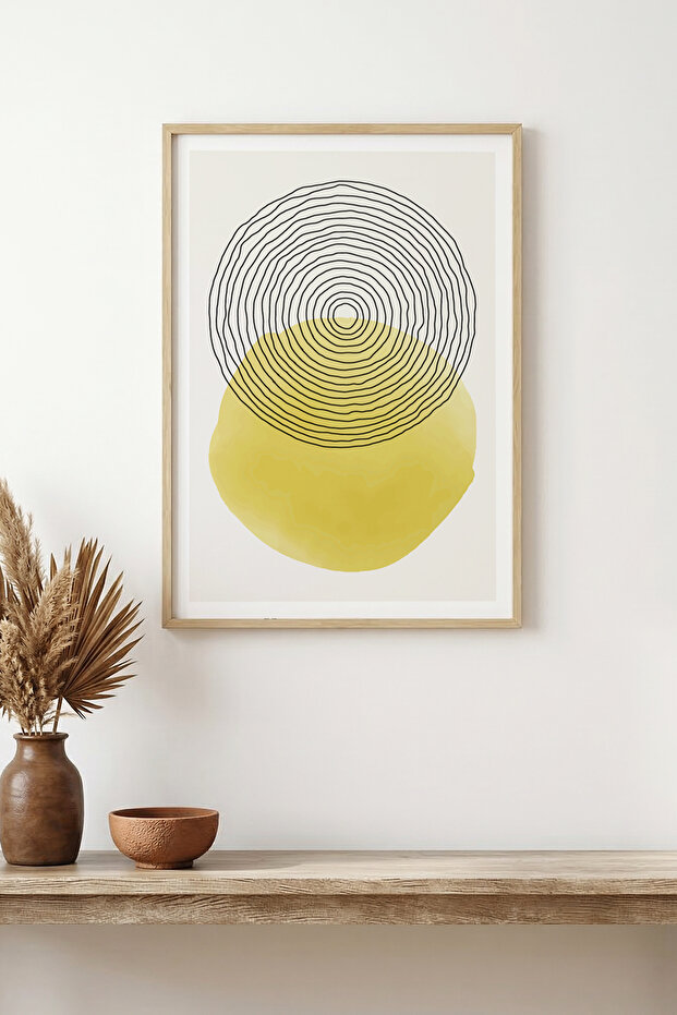 Natural Wooden Framed Minimal Line Patterned Painting - Pastel | Huhu1562