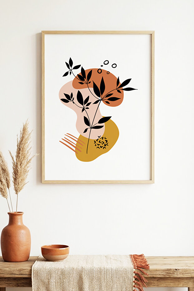 Natural Wood Framed Minimal Leaf Pattern Painting - Vibrant Tones |   Huhu1617