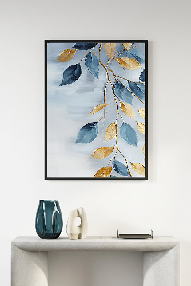 Natural Wood Framed Leaf Patterned Painting - Blue-Gold | Huhu1307