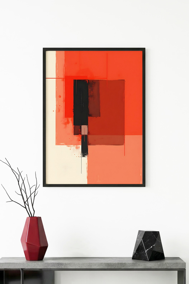 Natural Wood Framed Abstract Red Patterned Painting - Vibrant Tones | Huhu1199