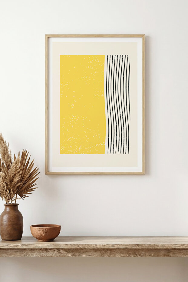 Natural Wood Framed Abstract Patterned Painting - Yellow-Black | Huhu1481 - Single Table Natural Wood Frame