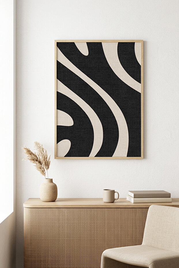 Natural Wood Framed Geometric Patterned Painting - Black-White | Huhu1008