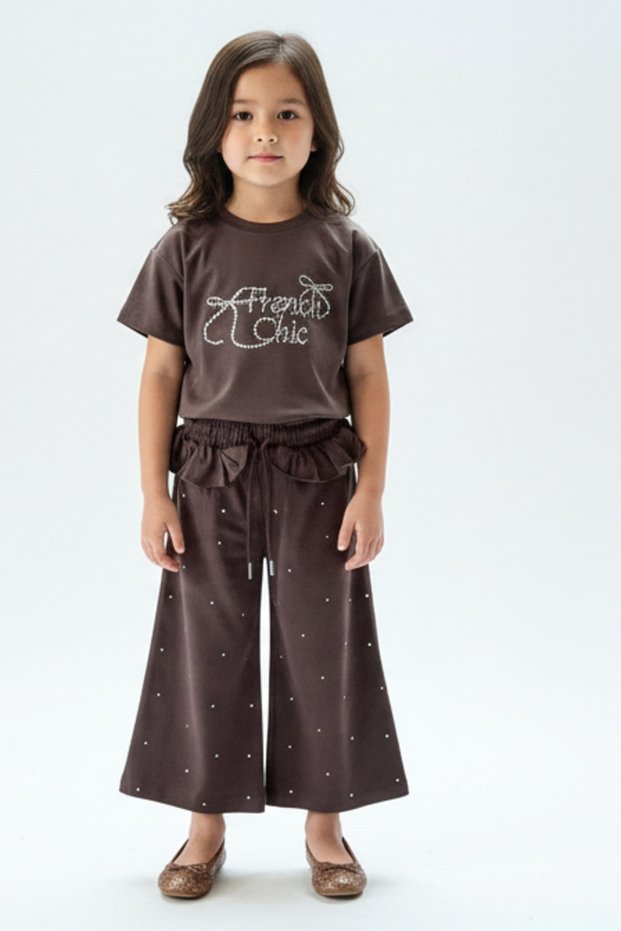 Girl's 2-Piece Set: Stone Embroidered Crew Neck Short Sleeve T-Shirt & Stone Embroidered Elastic Waistband