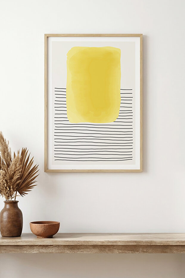 Natural Wood Framed Abstract Yellow Patterned Painting - Minimal | Huhu1545