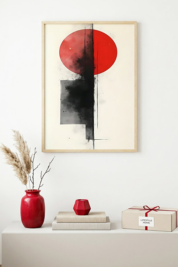 Natural Wood Framed Abstract Geometric Pattern Painting - Vibrant Tones | Huhu1229