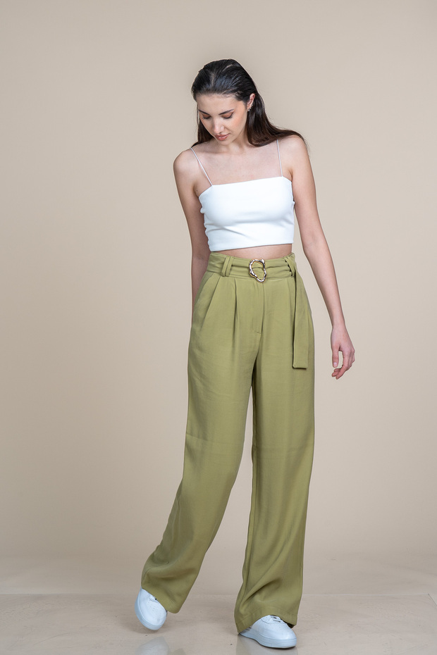 Women's Summer Pistachio Green High Waist Belted Palazzo Modal Pants Casual Daily Office Stylish 30372