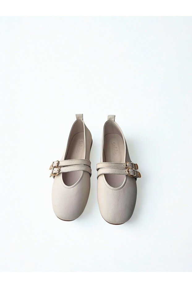 Genuine Leather Women's Beige Leather Mary Jane Flats - Handmade Daily Comfortable Shoes