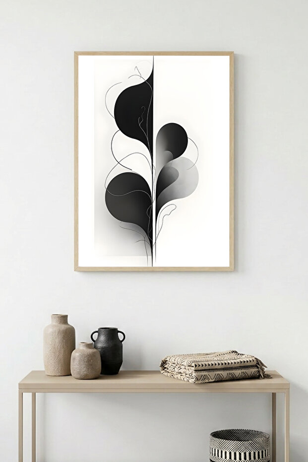 Natural Wood Framed Minimal Black and White Patterned Painting - Modern | Huhu1221