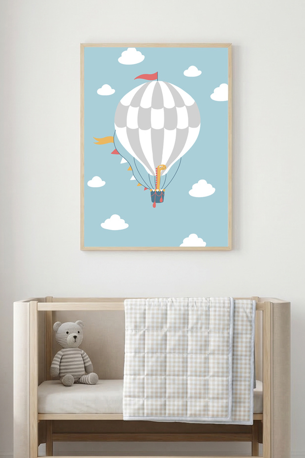 Natural Wood Framed Children's Themed Balloon Painting - Vibrant Colors | Huhu1631 - Single Table Natural Wood Frame