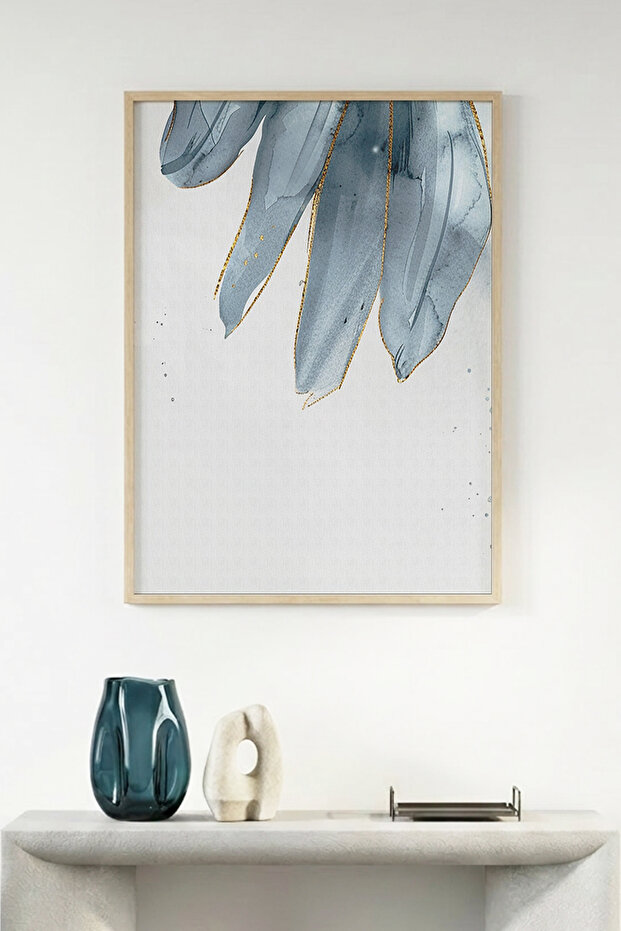 Natural Wood Framed Abstract Floral Pattern Painting - Blue-Gold | Huhu1299