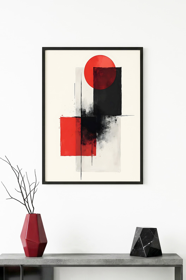 Natural Wood Framed Abstract Geometric Pattern Painting - Red-Black | Huhu1243