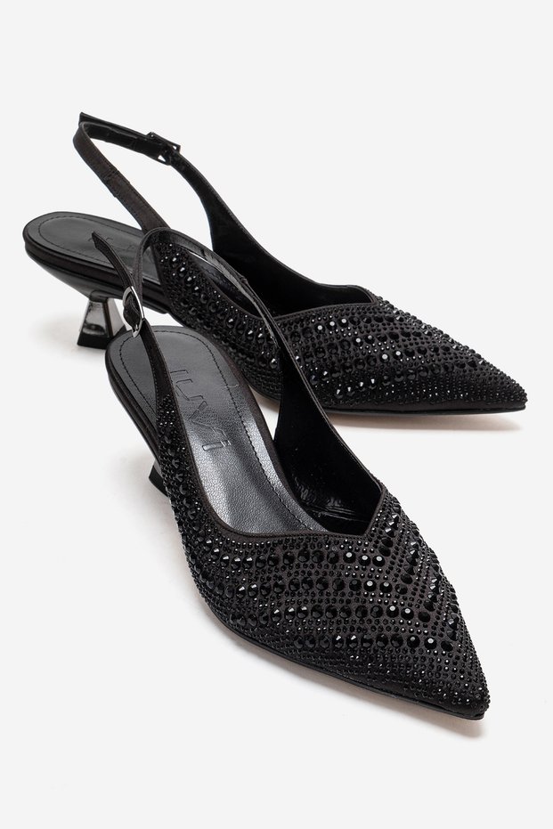 Royale Black Satin Stone Women's Short Heeled Evening Dress Shoes