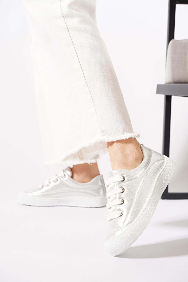 Pasleter Embroidered Lace-Up Women's Sneakers Silver Glitter