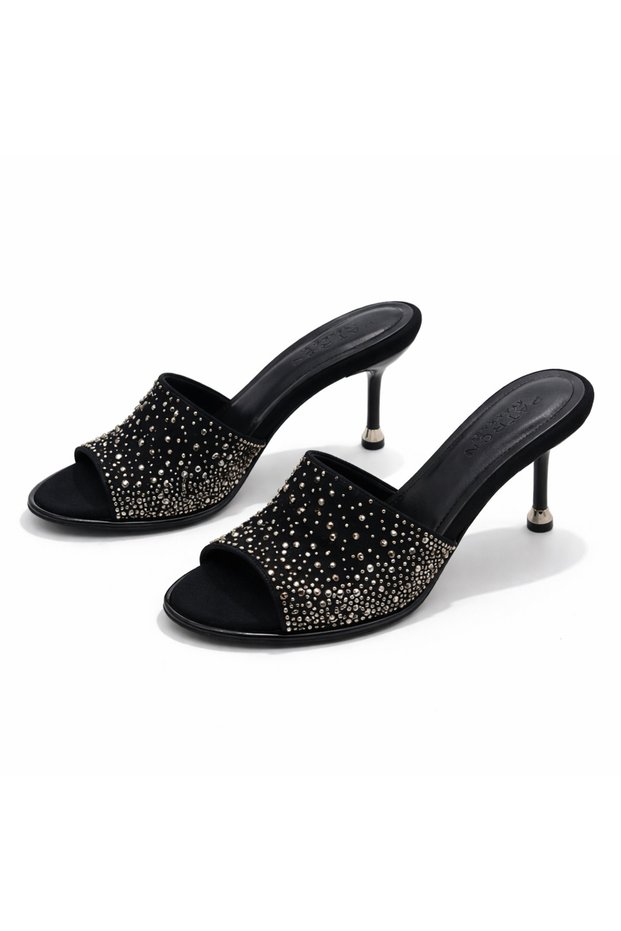 Women's Satin Stone Detailed Heeled Slippers – Special Occasion & Event Slippers