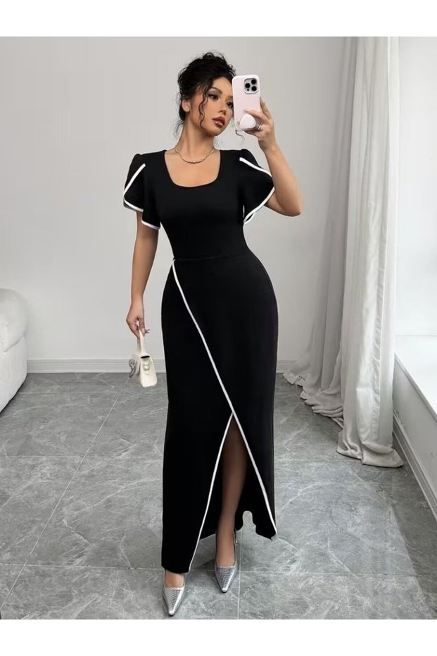 Women's Short Sleeve Square Collar Crepe Dress with Front Cross Cut Detail