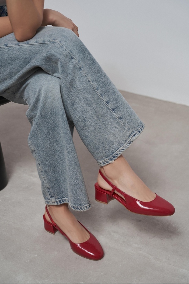Harmony Red Rustic Patterned Belt Detail Short Heeled Women's Ballerinas