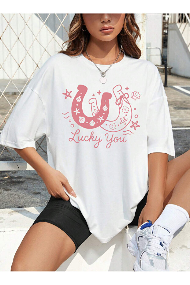 Cowgirl Summer Mix Printed Oversize Crew Neck Short Sleeve White Women's Tshirt