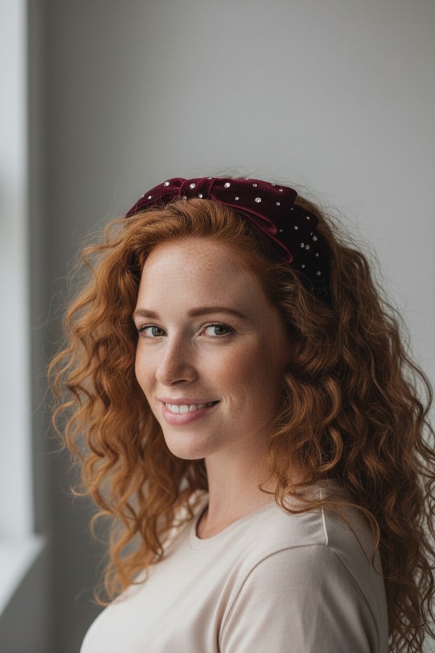 Stone Detailed Velvet Bow Crown Stylish Women's Hair Accessory