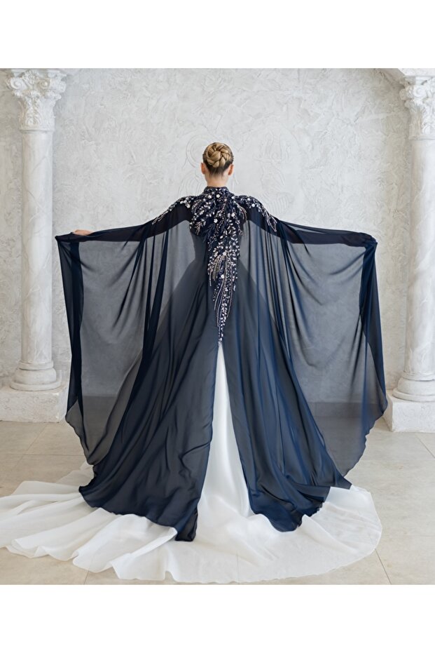 New Generation Navy Blue Kaftan-Bi̇ndalli- Wedding Dress with Over-Cape-Chiffon Kaftan-Navy Blue Kina Dress