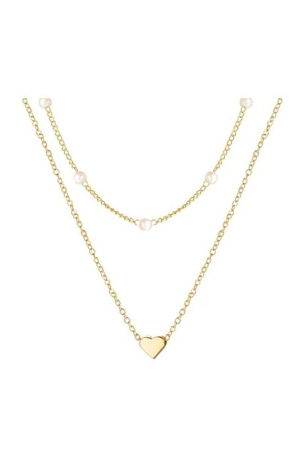 Elegant Double Layer Gold Necklace with Pearls & Heart Pendant