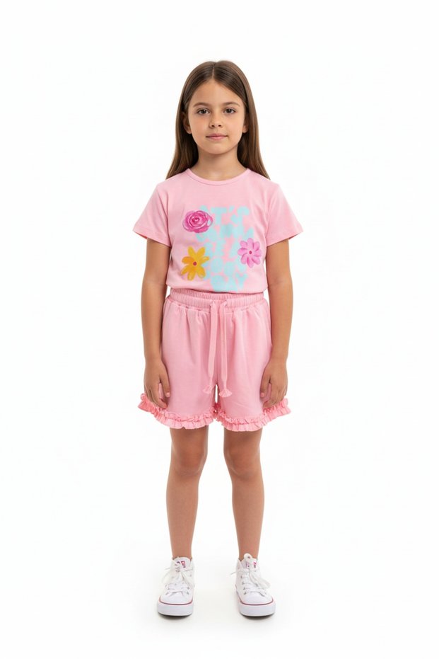 Girls' 2-Piece Shorts Set Crew Neck Short Sleeve Printed T-Shirt - Elastic Waist Tie