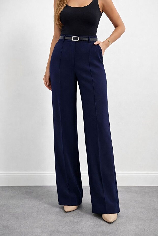 Belted Ribbed Classic Fabric Palazo Pants
