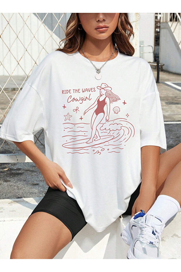 Cowgirl Summer Mix Printed Oversize Crew Neck Short Sleeve White Women's Tshirt