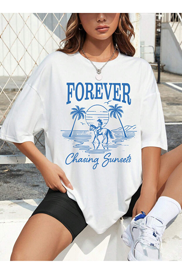 Cowgirl Summer Mix Printed Oversize Crew Neck Short Sleeve White Women's Tshirt