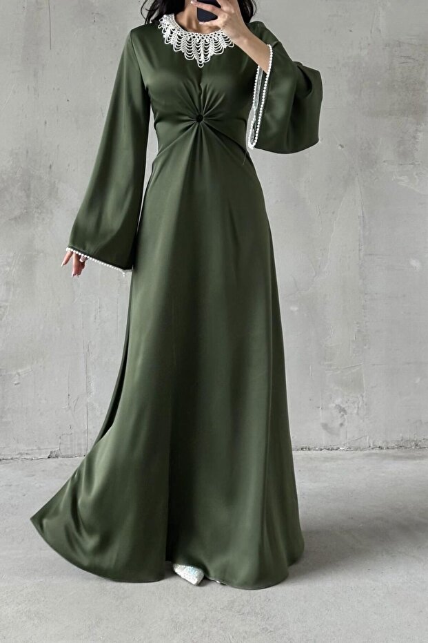 Beaded Satin Fabric Hijab Evening Dress