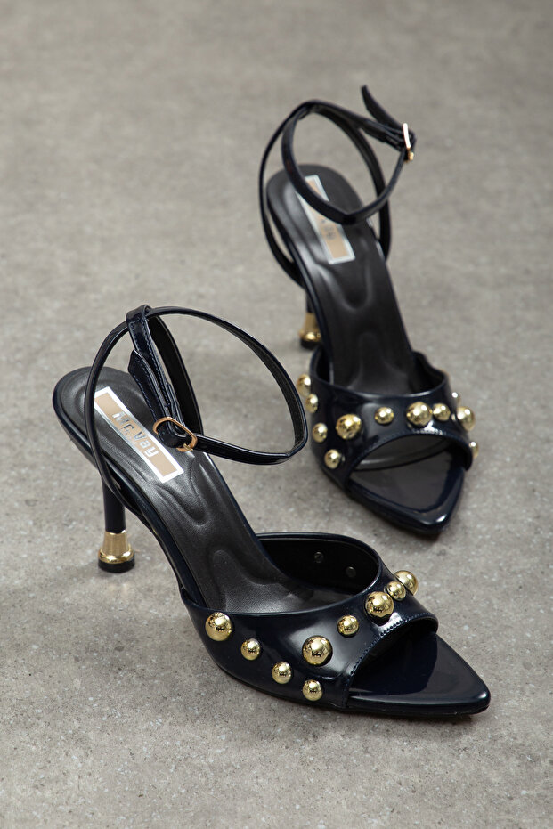 Gold Beaded Ankle Strap with Patent Leather Buckle, Special Heel, Stylish Women's Stiletto