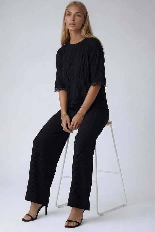 Black Crew Neck Lace Detailed Oversize Wrinkled Blouse and Wide Leg Pants Set Alc-X15453