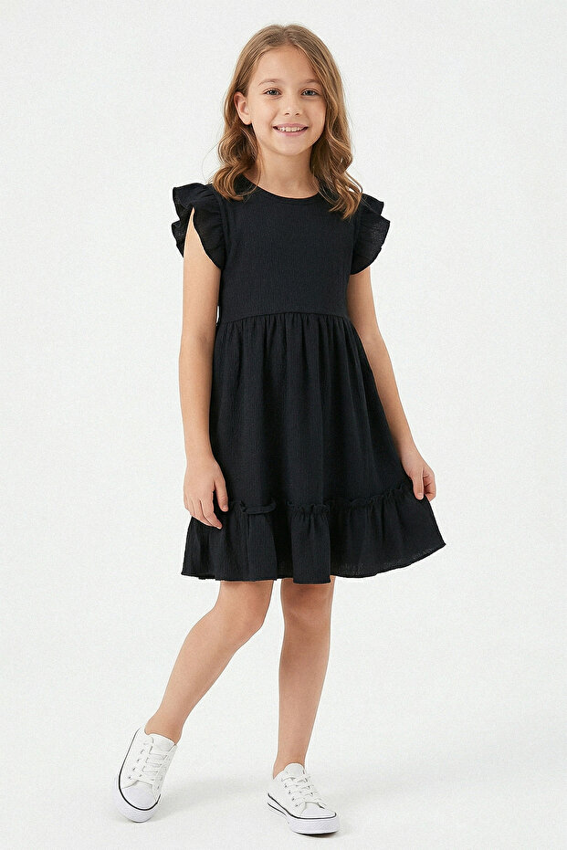 Ruffled Sleeves Girl's Dress with Wrinkled Pattern - 26Y 202500