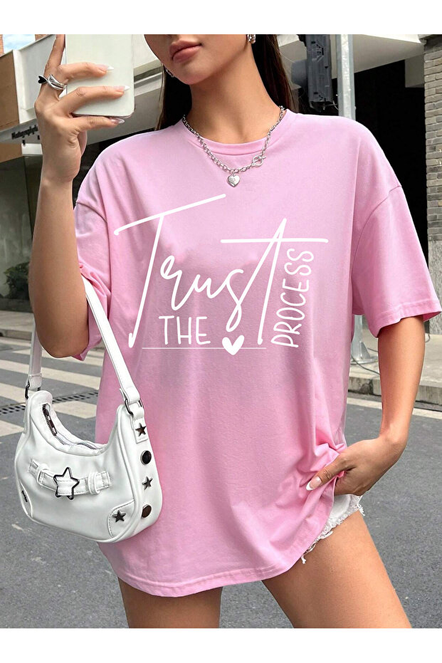 Slogan Motivation Mix Printed Oversize Crew Neck Short Sleeve Pink Women's Tshirt