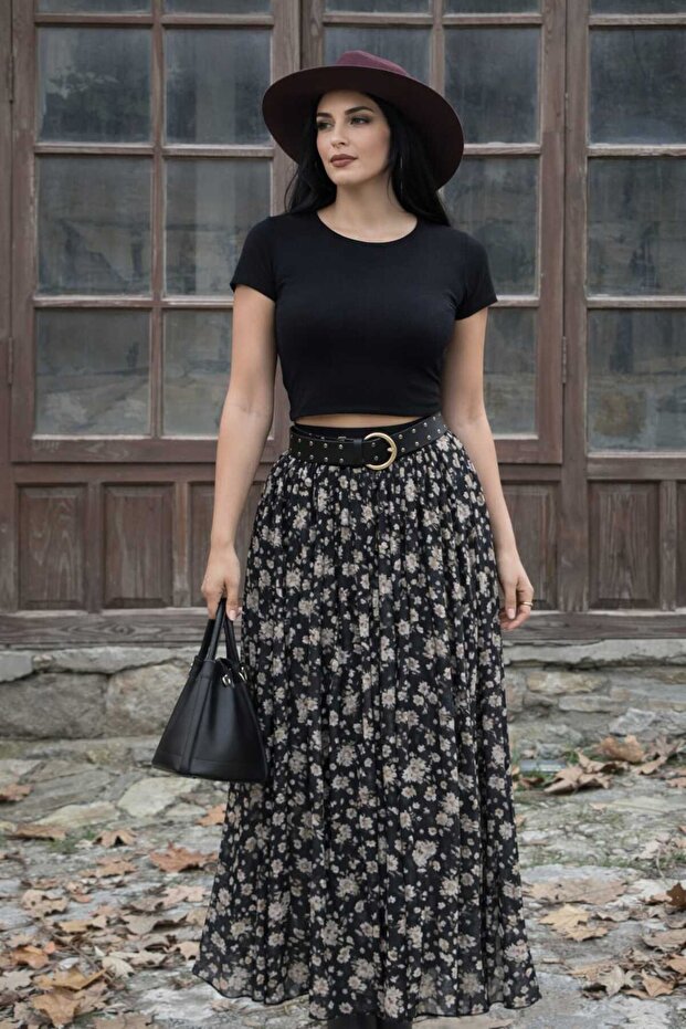 Patterned Belted Chiffon Pleated Skirt