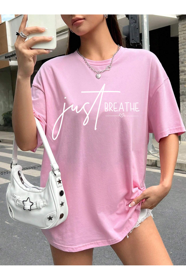 Slogan Motivation Mix Printed Oversize Crew Neck Short Sleeve Pink Women's Tshirt