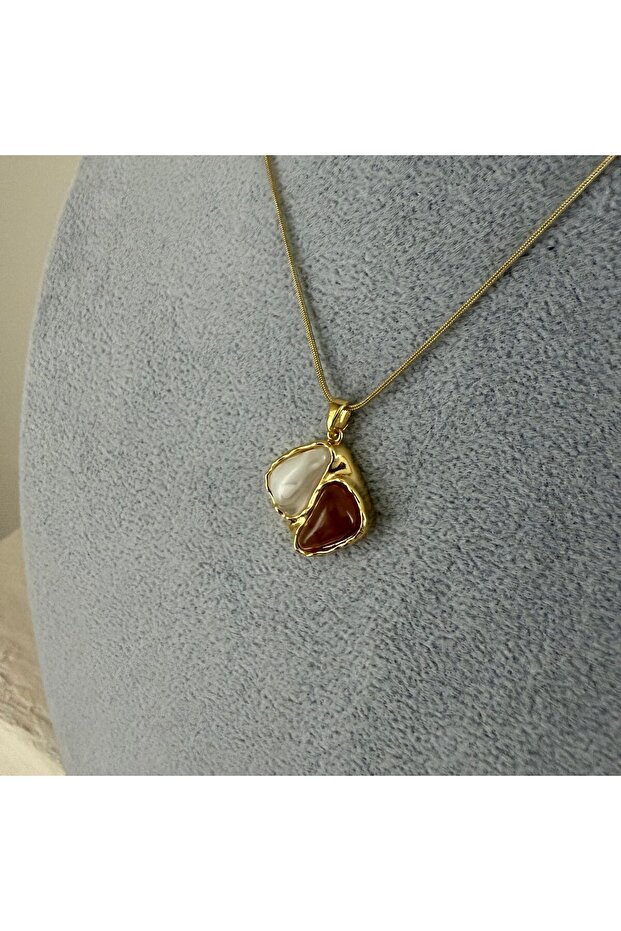 Brown Cream Color Stone Steel Necklace