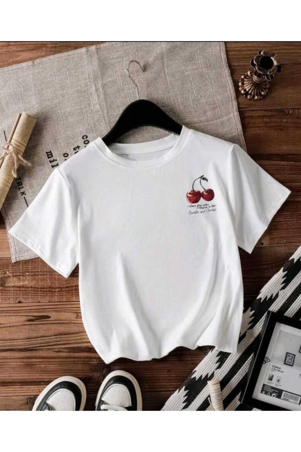 Women's Cheries Printed White Cotton T-Shirt