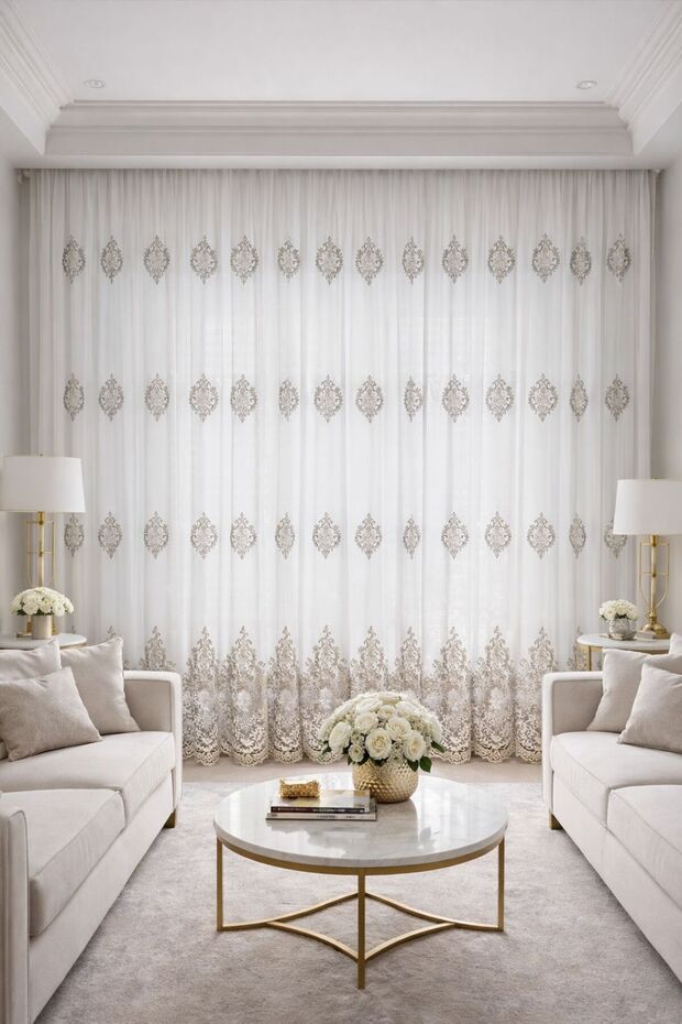 Silvery Embroidered Tight Pleated Tulle Curtain Custom Made Ecru 1/3 Pleated