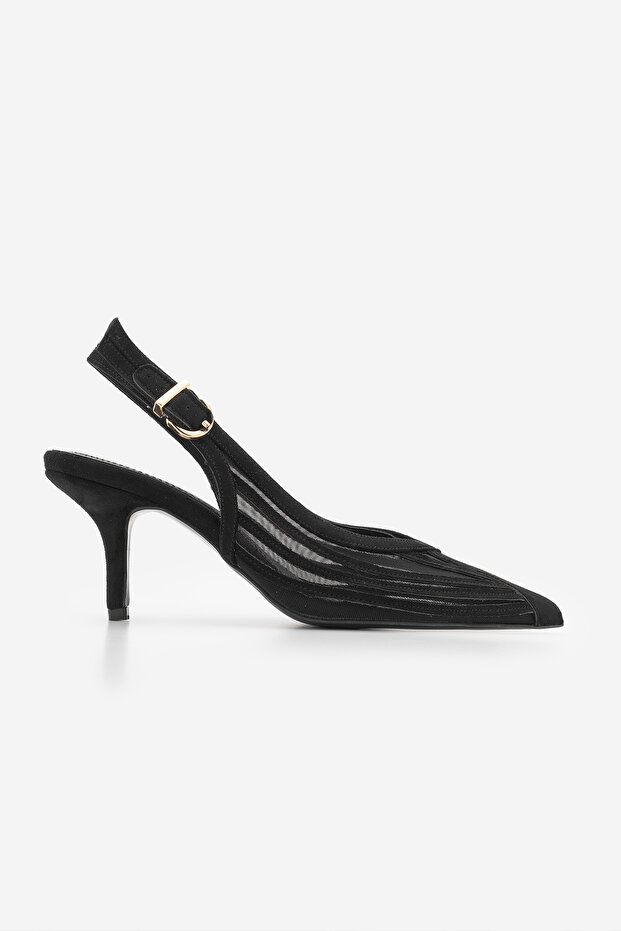 Women's Stiletto Pointed Toe Transparent Mesh Strap Classic Heeled Shoes Vimola Black Suede