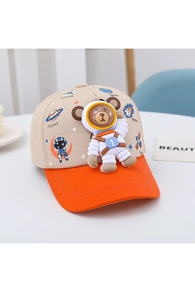 Beige Orange Astronaut Teddy Bear Uv Protection Cotton Breathable Girls Boys Kids Hat Summer Adjustable