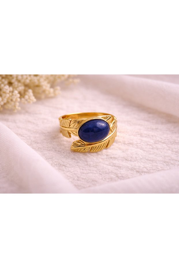 Leaf Patterned Colorful Stone Steel Ring with 4 Color Options