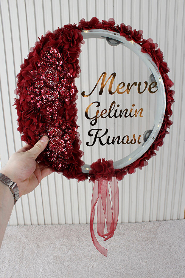 Mortex Bordo Aplik ve 3D Çiçek Süslemeli LED’li Şeffaf Gelin Tefi 32 cm Kına Düğün Nedime Bride Parti Defi