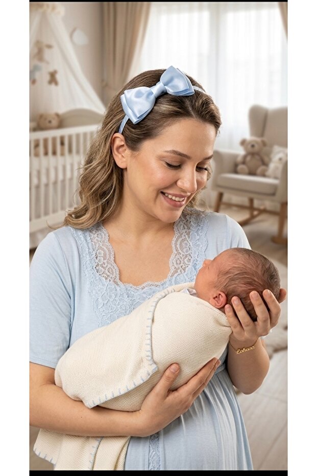 Blue Maternity Crown with Satin Bow - Mother Baby Hospital Discharge Hair Accessory