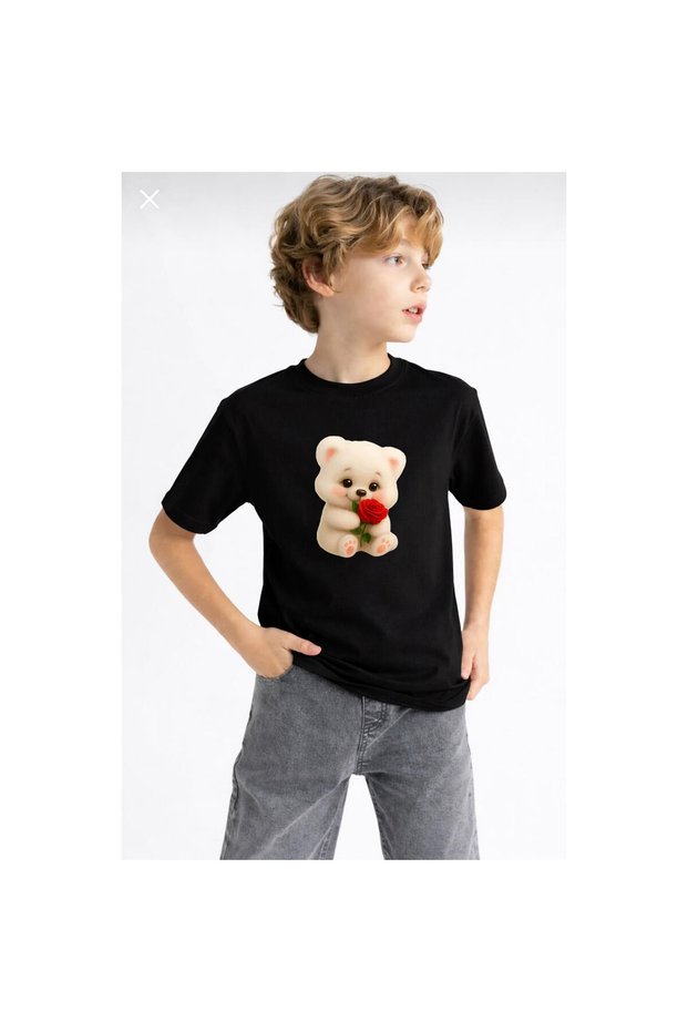 Rose Holding Teddy Bear Printed 100% Cotton Crew Neck Kids Unisex T-Shirt 5 6 -7 8-9 10 -11 12 Years Old