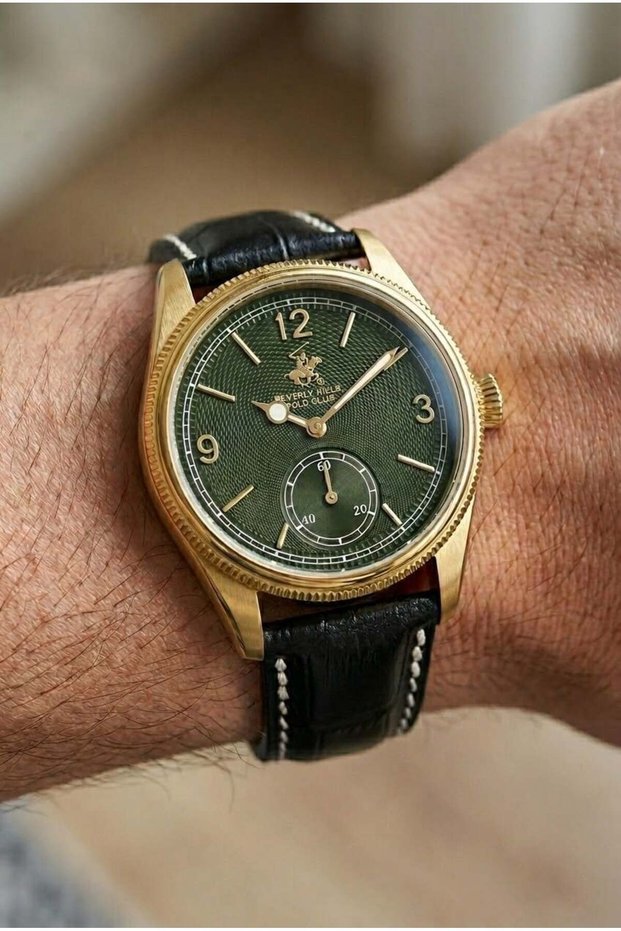 Special Color Dial Wristwatch | 39mm Steel Case, Black Leather Band, Dark Green