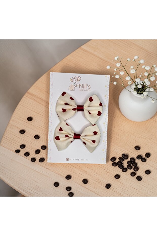 Heart Patterned Bowknot Hairpin Set - Burgundy Cream 2-Piece