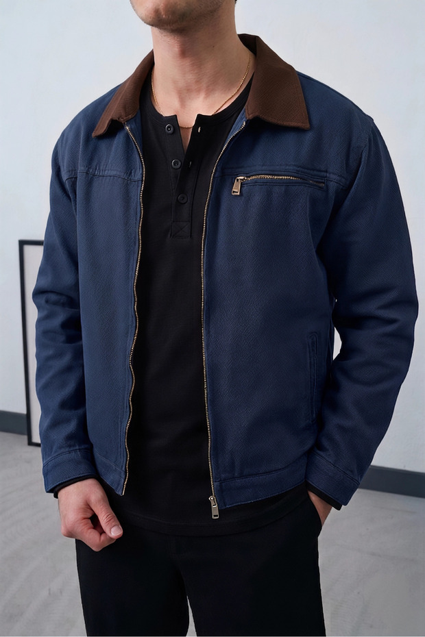 Men's Regular Belted Collar Detailed Modern Cut Premium Seasonal Gabardine Jacket with Front Zipper Pockets
