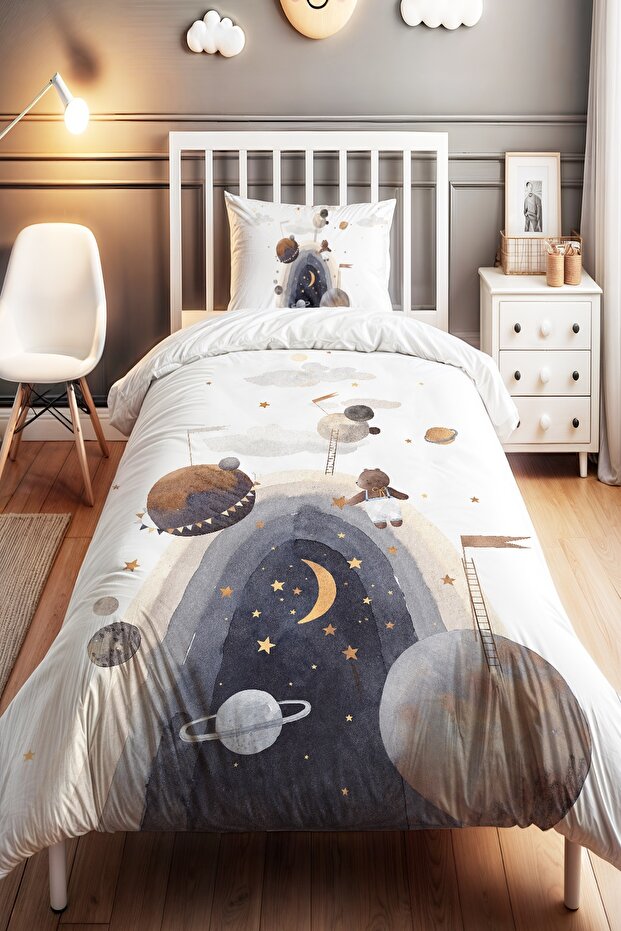 Teddy Bear Patterned Single Baby Kids Bedding Set in Space