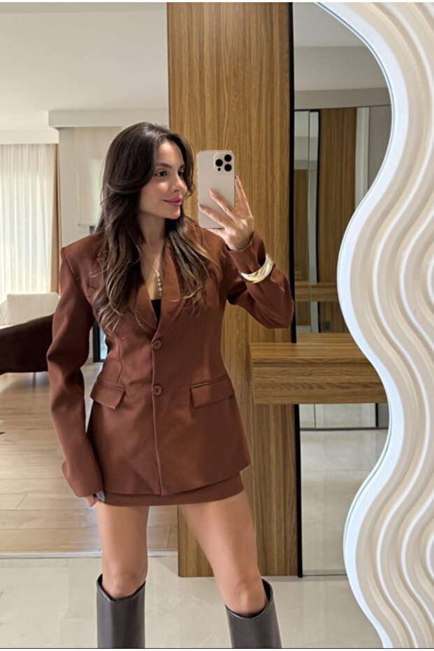 Brown Premium Blazer Jacket-Skirt Set